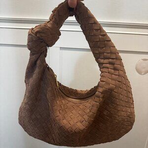 Woven Knot Hobo Shoulder Bag Tote Suede Taupe